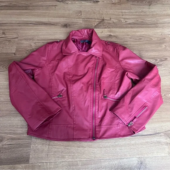 Women's Faux Leather Red Moto Jacket - Picture 1 of 9